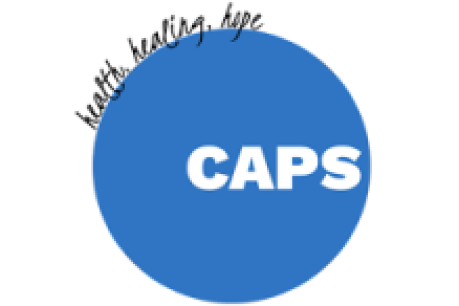 Blue circle for CAPS logo with text over the top. 